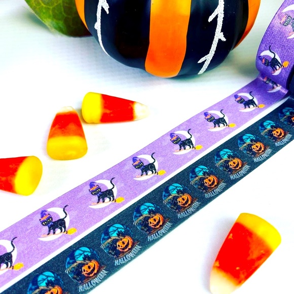 Black Cat Riding Broomstick, Halloween Scene, Washi Tape Set of 2 - Picture 6 of 10